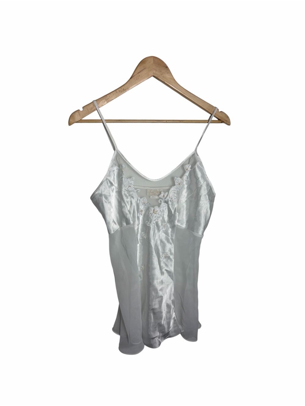 Vintage Y2K floral embroidered & beaded white satin & sheer mesh nighty size M
